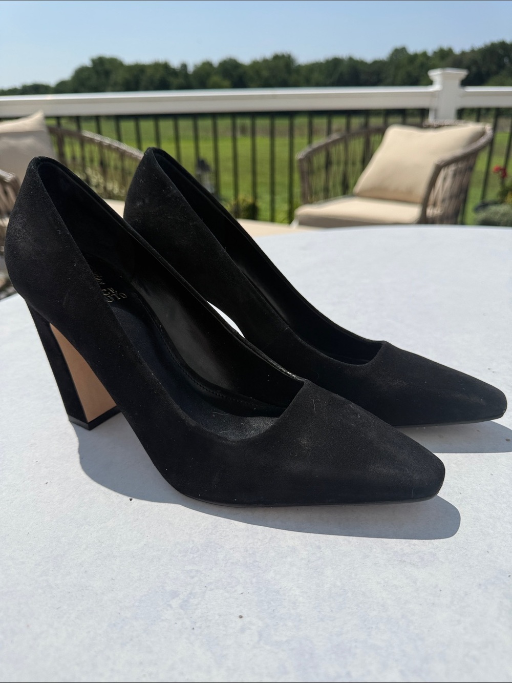 Vince Camuto Black Suede Pointed-Toe Block Heel Pumps